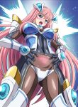  1girl armor ass_visible_through_thighs asu_(hengaya) black_bodysuit black_gloves blue_eyes blush bodystocking bodysuit breasts covered_navel cowboy_shot divine_heart_makina energy_wings from_below gloves glowing hair_ornament hands_on_own_hips headgear highres impossible_bodysuit impossible_clothes kurusu_makina large_breasts long_hair looking_at_viewer looking_down magical_girl mecha_musume open_mouth pink_hair pubic_tattoo shiny_clothes shoulder_armor skin_tight solo standing tattoo variant_set very_long_hair 