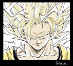  1boy black_border black_shirt blonde_hair border close-up dougi dragon_ball dragon_ball_z electricity fenyon male_focus medium_hair orange_shirt shirt simple_background smirk solo son_goku spiked_hair super_saiyan super_saiyan_2 twitter_username white_background 
