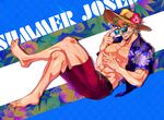  abs anz barefoot beard crossed_legs facial_hair floral_print flower full_body green_eyes grey_hair grin hat hat_flower jojo_no_kimyou_na_bouken joseph_joestar leg_hair male_focus male_swimwear muscle open_clothes open_shirt shirt smile solo sun_hat sunglasses swim_trunks swimwear 