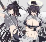  1girl angel_wings blush breasts cleavage elbow_gloves embarrassed fake_wings fallen_angel_ero_maid_costume gloves glowing glowing_halo grey_background hair_between_eyes hair_ribbon halo highres holding holding_sword holding_weapon kanzaki_kaori kasukasugom1 large_breasts long_hair maid midriff navel ootachi ponytail purple_eyes ribbon shichiten_shichitou shirt sword tied_shirt toaru_majutsu_no_index unconventional_maid very_long_hair weapon white_shirt wings yellow_halo 