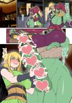 amano_jack balls big_breasts biped blonde_hair blush breasts censored clothed clothing detailed_background duo elf eyebrows eyelashes female genitals green_body green_skin gynomorph gynomorph/female hair intersex intersex/female larger_gynomorph larger_intersex not_furry open_mouth orc penis pupils red_hair size_difference smaller_female smile thick_thighs three-quarter_view