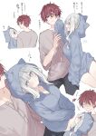  1boy 1girl black_pants blue_hoodie blush breasts closed_mouth commentary_request eye_contact fuyukawa_kagari grey_eyes grey_hair grey_shirt hair_between_eyes hakanai_kimi_wa_moukou_wo_hajimeru hood hood_up hoodie kazutake_hazano large_breasts long_hair long_sidelocks looking_at_another open_mouth pants parted_lips red_eyes red_hair shirt short_hair short_sleeves sidelocks simple_background sitting terui_soushichi translation_request white_background 
