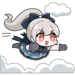  1girl artist_request back_bow bead_bracelet beads black_bow black_bowtie black_gloves black_pantyhose blue_skirt blunt_bangs blush_stickers bow bowtie bracelet bright_pupils brown_eyes chibi circle_skirt clenched_hands cloud floating_clothes floating_hair floral_memory_(infinity_nikki) floral_print flying frilled_gloves frilled_shirt frilled_skirt frills gloves grey_hair hair_bow happy infinity_nikki jewelry long_hair looking_ahead lowres miniskirt motion_lines nikki_(series) no_shoes official_art open_mouth pantyhose ponytail shirt skirt sleeveless sleeveless_shirt smile solo speed_lines tareme transparent_background v-shaped_eyebrows white_pupils white_shirt 