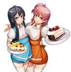  apron bangs black_hair blue_eyes blush breast_press breasts brown_eyes buttons cake chocolate closed_mouth collared_shirt cowboy_shot dress_shirt food fruit hair_bun hair_ribbon hand_on_another's_hip holding holding_plate large_breasts lipstick long_hair looking_at_viewer makeup masin0201 multiple_girls orange orange_slice outstretched_arms outstretched_hand overalls pink_hair plate puffy_short_sleeves puffy_sleeves red_ribbon ribbon shirt short_hair short_sleeves side_ponytail simple_background slice_of_cake small_breasts smile strawberry thighhighs underbust waist_apron waitress white_background white_legwear white_shirt yahari_ore_no_seishun_lovecome_wa_machigatteiru. yuigahama_yui yukinoshita_yukino 