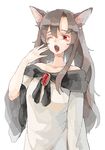  animal_ears bare_shoulders blush brooch brown_hair fang imaizumi_kagerou itak69 jewelry long_hair long_sleeves off_shoulder one_eye_closed open_mouth red_eyes simple_background solo tears touhou upper_body white_background wide_sleeves wolf_ears yawning 