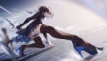  1girl back_cutout black_dress black_hair black_shoes blue_dress blue_eyes blurry blurry_background clothing_cutout commentary counter:side dagger dress elizabeth_pendragon grey_background hand_on_ground hcl_(hsiehdrew) high_heels highres holding holding_dagger holding_knife holding_weapon knife leaning_forward long_sleeves looking_at_viewer medium_hair planted planted_knife reverse_grip shoes sideways_glance solo thighhighs two-sided_dress two-sided_fabric weapon zettai_ryouiki 