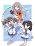  3girls absurdres amamiya_satsuki_(mono) barefoot black_hair blue_eyes blue_ribbon blurry blush camera collared_shirt commentary_request eyes_visible_through_hair from_above grey_hair hair_between_eyes hair_ornament hair_over_one_eye hair_scrunchie highres holding holding_camera holding_shoes holding_unworn_clothes jumping kiriyama_an low_twintails mono_(afro) multiple_girls neck_ribbon one_side_up pleated_skirt purple_eyes red_eyes ribbon school_uniform scrunchie shadow shikishima_sakurako shirt shoes short_sleeves skirt smile standing swept_bangs text_background thick_eyebrows twintails unworn_shoes v white_shirt yas_(yosiyasuyasu) 