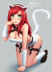  all_fours animal_ears bandeau bare_shoulders breasts cat_ears cat_tail english facepaint facial_mark fake_animal_ears fur_trim green_eyes grey_background heart katarina_du_couteau kitty_cat_katarina large_breasts league_of_legends leg_garter looking_at_viewer open_mouth paw_pose pet_play red_hair simple_background solo speech_bubble spichis spoken_heart tail 