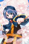  1girl artist_name blue_dress blue_eyes blue_hair blue_hood blue_sky cloud commentary_request cowboy_shot day dress fingernails frills hair_between_eyes hands_up highres holding_hoop hoop jewelry katsuragi_atori kesa kumoi_ichirin long_sleeves looking_afar open_mouth outdoors pendant short_hair sky smile standing teeth touhou two-tone_dress unzan watermark white_dress wide_sleeves 