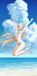  1girl absurdres arms_up asuna_(blue_archive) barefoot bikini blonde_hair blue_archive blue_bikini blue_halo blush breasts cleavage closed_eyes covered_nipples groin hair_over_one_eye halo highres jumping large_breasts leg_up long_hair meganeura224 navel open_mouth side-tie_bikini_bottom smile solo swimsuit thighs very_long_hair 