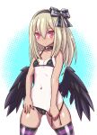  bikini black_bikini black_hairband black_ribbon black_wings blonde_hair cameltoe clothing_aside dark_feather_alma embarrassed emil_chronicle_online hairband highres looking_at_viewer navel purple_thighhighs raised_inner_eyebrows red_eyes ribbon serizawa_(knight2020) striped_clothes striped_thighhighs swimsuit swimsuit_aside tan tanlines thighhighs wings 