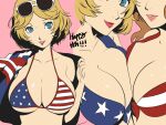  2girls american_flag american_flag_bikini american_flag_print bikini blonde_hair blue_eyes blue_jacket breast_press breasts brown_hair character_request cleavage collarbone copyright_request eyewear_on_head flag_print flag_print_bikini fourth_of_july highres jacket lips multiple_girls print_bikini short_hair smile sunglasses swimsuit symmetrical_docking windriftdraws 