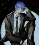  0qktb 1boy alternate_costume arm_up black_jacket black_necktie black_pants black_suit blue_eyes blue_hair blue_nails closed_mouth collared_shirt commentary earrings elbow_on_knee feet_out_of_frame formal_clothes hashtag-only_commentary highres jacket jewelry kaito_(vocaloid) lapels long_sleeves looking_at_viewer male_focus nail_polish necktie notched_lapels pants parted_bangs piercing shirt shirt_tucked_in short_hair sky solo star_(sky) starry_sky suit suit_jacket tie_clip vocaloid white_shirt wing_collar 