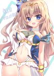  1girl 9-nine- :d absurdres arm_at_side bare_shoulders blue_bow blue_dress blue_eyes blush bow bracelet breasts bridal_gauntlets brown_hair clothing_cutout commentary_request cosplay cowboy_shot dress dutch_angle eyes_visible_through_hair floating_hair hair_between_eyes hair_bow hand_up highres jewelry kujou_miyako large_breasts long_hair looking_at_viewer navel navel_cutout official_alternate_costume one_side_up open_mouth short_dress simple_background single_bridal_gauntlet sleeveless sleeveless_dress smile solo stomach sukonbu385 tiara translation_request two-tone_dress very_long_hair white_background white_bridal_gauntlets white_dress 