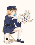  2girls :3 :d absurdres animal_ear_fluff animal_ears bandaid bandaid_on_knee bandaid_on_leg bare_arms belt belt_pouch black_shoes blonde_hair blue_eyes blue_hair blue_sailor_collar blunt_bangs bow cat_ears commentary dooby_(vtuber) dress english_commentary fangs fins fish_tail gloves green_eyes groping_motion hair_bow hat highres holding holding_mini_person indie_virtual_youtuber innertube_hair_ornament jerboa_tail laser_cats_(meme) long_hair low_twintails mary_janes meme mini_person minigirl multicolored_hair multiple_girls on_one_knee one_side_up pouch sailor_collar sailor_dress sameko_saba sandals scrunchie senotori shoes short_hair simple_background size_difference sleeveless sleeveless_dress smile socks streaked_hair tail tail_tuft twintails two-tone_hair virtual_youtuber white_background white_dress white_gloves white_socks wrist_scrunchie wristband 