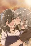  2girls amamiya_satsuki_(mono) artist_name black_dress blush brown_hair brown_shirt closed_eyes commentary dress english_commentary grey_hair highres kiriyama_an kiss kissing_cheek light_particles long_hair mono_(afro) multiple_girls one_side_up open_mouth outdoors pinafore_dress shirt sleeveless sleeveless_dress smile thick_eyebrows upper_body white_shirt yoruneko_(liampadolina) yuri 