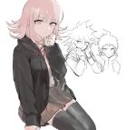  1girl 2boys brown_hair brown_skirt collared_shirt danganronpa_(series) danganronpa_2:_goodbye_despair e_fghij flipped_hair hair_ornament highres hinata_hajime jacket komaeda_nagito long_sleeves looking_at_viewer medium_hair messy_hair multiple_boys nanami_chiaki neck_ribbon no_hair_ornament open_clothes open_jacket pink_eyes pink_ribbon pleated_skirt ribbon shirt skirt thighhighs two-tone_shirt white_shirt 