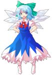  1girl alphes_(style) aqua_hair blue_dress blue_eyes bobby_socks bow cirno collared_shirt commentary_request dairi dress full_body green_bow hair_between_eyes hair_bow hands_on_own_hips ice ice_wings large_variant_set neckerchief open_mouth parody puffy_short_sleeves puffy_sleeves red_neckerchief shirt short_hair short_sleeves sleeveless sleeveless_dress socks solo style_parody tachi-e touhou transparent_background variant_set white_shirt white_socks wings 