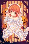  bandages barefoot blush brown_eyes brown_hair commentary_request fang hair_ornament hairclip halloween highres ikazuchi_(kantai_collection) kantai_collection kneeling looking_at_viewer naked_bandage navel nude open_mouth qunqing scar short_hair smile solo stitches 