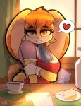 2025 anthro artist_name big_ears breasts cake cake_slice clothing container cup dessert doodlebun dress eyebrows eyelashes female food furniture gloves hair half-closed_eyes handwear heart_symbol hi_res lagomorph leporid long_ears looking_at_viewer mammal mature_female narrowed_eyes orange_eyes orange_hair paper pictographics pillow rabbit sega short_hair smile solo sonic_the_hedgehog_(series) speech_bubble table text vanilla_the_rabbit