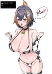  1girl absurdres animal_collar animal_print bell bikini black_hair blonde_hair blue_eyes breasts cameltoe collar cow_print cow_print_bikini cow_print_thighhighs cowbell cowboy_shot detached_sleeves dialogue_box fish_hair_ornament folded_ponytail hair_ornament half-closed_eyes hands_up highres huge_breasts looking_at_viewer multicolored_hair neck_bell nijisanji nijisanji_en open_mouth penguin_tail petra_gurin print_bikini print_thighhighs screenshot_inset seductive_smile short_hair side-tie_bikini_bottom simple_background smile solo speech_bubble streaked_hair swimsuit tail thighhighs twitter virtual_youtuber white_background xanadu_avici 