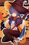  akatsuki_(kantai_collection) black_gloves black_hair black_legwear boots commentary_request gloves halloween hat highres kantai_collection legwear_under_shorts long_hair navel one_eye_closed pantyhose pantyhose_under_shorts purple_eyes qunqing scepter shorts smile solo witch_hat 