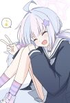 1girl :d ahoge blue_archive blue_hair blue_jacket blue_neckerchief blue_shirt blush closed_eyes commentary_request eighth_note foot_out_of_frame grey_skirt hair_bobbles hair_ornament halo hayoo_ww highres jacket knees_up low_twintails miniskirt multicolored_hair musical_note neckerchief open_mouth pink_hair pink_halo pink_shoes pink_socks pleated_skirt purple_socks reisa_(blue_archive) sailor_collar shadow shirt shoes sidelocks simple_background sitting skirt smile socks solo speech_bubble spoken_musical_note star_(symbol) star_hair_ornament streaked_hair striped_clothes striped_socks twintails v white_background white_sailor_collar 