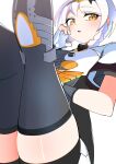  1girl absurdres anby_demara anby_demara_(silver_soldier) black_dress black_gloves black_hairband black_shorts blush braid breasts dress eyebrows_hidden_by_hair fingerless_gloves gloves hairband highres legs_up looking_at_viewer matatabi_tukikage medium_breasts multicolored_dress multicolored_gloves open_mouth shirt short_dress short_hair short_shorts shorts sideboob sideboob_cutout sitting solo turtleneck turtleneck_dress twin_braids white_background white_dress white_gloves white_hair white_shirt yellow_eyes zenless_zone_zero 