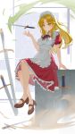  1girl apron backlighting blonde_hair bow brown_shoes dian_point dress hair_ornament highres holding holding_sword holding_weapon long_hair maid maid_headdress planted planted_sword puffy_short_sleeves puffy_sleeves red_dress ribbon shoes short_sleeves sword too_many_weapons touhou touhou_(pc-98) weapon yellow_eyes yumeko_(touhou) 
