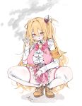  1girl a73398190 alternate_breast_size blonde_hair bow bowtie breasts brown_shoes cigarette don_quixote_(project_moon) e.g.o_(project_moon) highres holding holding_cigarette in_the_name_of_love_and_hate_(e.g.o) large_breasts limbus_company lobotomy_corporation_(identity)_(project_moon) long_hair long_sleeves official_alternate_hair_length official_alternate_hairstyle open_mouth pink_bow pink_bowtie pink_skirt project_moon shirt shoes skirt smoke smoking solo squatting thick_thighs thighs two_side_up very_long_hair white_shirt yellow_eyes 