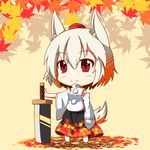  animal_ears autumn_leaves bare_shoulders blush chibi detached_sleeves hat inubashiri_momiji leaf pom_pom_(clothes) red_eyes sarashi shachoo. short_hair silver_hair simple_background skirt smile solo sword tail tokin_hat touhou weapon wolf_ears wolf_tail yellow_background 