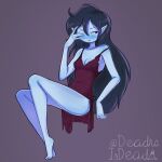  1girl absurdres adventure_time alternate_costume barefoot black_hair blush breasts closed_mouth colored_skin covered_navel deadraisdead english_commentary fangs frilled_nightgown full_body grey_skin highres long_hair marceline_abadeer nightgown pointy_ears see-through_clothes shiny_skin solo toes twitter_username vampire very_long_hair 