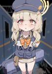  1girl absurdres aoba_(blue_archive) arms_behind_back artist_request bag blonde_hair blue_archive blue_bag blush bow hat highres holding holding_bag long_hair looking_at_viewer multicolored_eyes open_mouth orange_bow solo sweat 