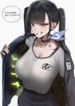  1girl :d absurdres banknote black_bra black_choker black_hair black_jacket black_skirt blunt_bangs bra bra_visible_through_clothes bralines breasts brown_eyes choker chromatic_aberration cleavage collarbone come_under_the_blanket_(meme) commentary cowboy_shot ear_piercing glow-in-the-dark goddess_of_victory:_nikke grey_background grin hand_up heart heart_in_eye high-waist_skirt highres huge_breasts id_card jacket jewelry long_hair looking_at_viewer meme mole mole_under_eye money off_shoulder open_clothes open_jacket opened_by_self pendant_choker piercing ring shirt shirt_tucked_in simple_background skirt smile solo sora_(nikke) speech_bubble spoken_heart standing symbol_in_eye t-shirt toy toy_dinosaur translation_request twintails underwear upper_body white_background white_shirt zhenhi_(jinil_0611) 