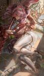  1girl absurdres armor ass black_bow boots bow breastplate breasts collar commentary hair_bow hairband hashtag-only_commentary headgear high_heel_boots high_heels highres large_breasts long_hair looking_at_viewer lupa_(wuthering_waves) lying metal_collar metal_hairband multiple_hair_bows on_side parted_lips pink_hair polearm red_pupils red_sash sash soleil_(soleilmtfbwy03) solo tacet_mark_(wuthering_waves) thigh_boots weapon white_boots wuthering_waves yellow_eyes 
