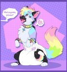  2023 band-aid band-aid_on_face band-aid_on_nose bandage bandage_on_face bandage_on_nose beaded_bracelet beaded_jewelry beads black_stripes blush blush_lines border bracelet bubblepuppers canid canine canis chest_tuft clean_diaper clothed clothing collar cute_fangs dialogue diaper domestic_dog dotted_background duo ear_barbell ear_piercing english_text exclamation_point fangs female feral fur hair heart_symbol hi_res jewelry leg_markings mammal markings multicolored_body multicolored_fur multicolored_hair multicolored_tail offscreen_character on_hind_legs open_mouth pacifier pattern_background pawpads piercing pink_eyes pink_inner_ear pink_nose purple_border purple_pawpads rainbow_body rainbow_collar rainbow_fur rainbow_hair rainbow_tail simple_background socks_(marking) sparklefur speech_bubble spiked_bracelet spikes star_(marking) starbit_(jupiters) stripes tail teeth text tongue tongue_out tuft wearing_diaper white_diaper yellow_pawpads 