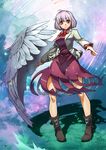 ahoge bad_anatomy bangs blush boots bow bowtie d: dress full_body jacket kishin_sagume legs_apart long_sleeves looking_at_viewer open_mouth purple_dress red_bow red_eyes shadow short_hair signature silver_hair single_wing solo standing touhou umigarasu_(kitsune1963) wings 
