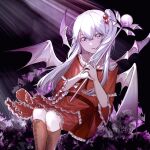  1girl bow breasts capelet dress grey_eyes grey_hair hair_bobbles hair_ornament highres holding holding_wand long_hair multiple_wings one_side_up open_mouth red_dress shinki_(touhou) sly930105 solo touhou touhou_(pc-98) wand white_hair wings 