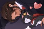  1boy animal arm_up black_fur black_jacket black_suit brown_facial_hair brown_hair cait_sith_(final_fantasy) cape cat closed_eyes clothed_animal collared_shirt commentary crown earbuds earphones english_commentary facial_hair fang final_fantasy final_fantasy_vii gloves heart highres jacket light_smile lying male_focus mini_crown multicolored_fur necktie on_side photo-referenced red_cape red_necktie reeve_tuesti shirt short_hair sketch suit upper_body watermark white_fur white_gloves white_shirt xen1gmat1cax 