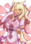  1girl absurdres animal_ear_fluff animal_ears blonde_hair breasts covered_navel fate/grand_order fate_(series) fingerless_gloves fox_ears fox_tail gloves highres large_breasts long_hair mini_tiara narukamikagerou one_eye_closed pink_nails suzuka_gozen_(fate) suzuka_gozen_(swimsuit_rider)_(fate) tail tan twitter_username v v_over_eye 