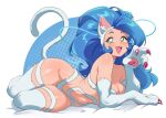  1girl animal_ear_fluff animal_ears animal_hands bed_sheet big_hair blue_hair blush body_fur breasts cat_ears cat_girl cat_paws cat_tail darkstalkers elbow_gloves eyelashes felicia_(darkstalkers) glint gloves green_eyes hairband highres large_breasts long_hair looking_at_viewer lying on_bed on_side open_mouth paw_pose short_eyebrows smile solo tail thighhighs tongue very_long_hair vizaz white_background white_fur white_gloves white_hairband white_thighhighs 