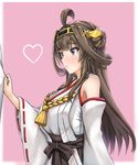  admiral_(kantai_collection) ahoge bare_shoulders brown_hair commentary_request detached_sleeves double_bun hairband heart highres kantai_collection kongou_(kantai_collection) long_hair looking_at_another nezirinko nontraditional_miko parted_lips pink_background purple_eyes sleeve_tug solo_focus 