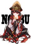  1girl alternate_costume artist_name black_hair black_hat black_pantyhose character_name crest eating family_crest fate/grand_order fate_(series) grey_jacket hat highres jacket katana long_hair looking_at_viewer military_hat oda_nobunaga_(fate) pantyhose red_eyes red_scarf red_shoes red_skirt scarf shoes sitting skirt sword very_long_hair weapon yui_(tamagohan) 