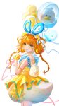  1girl absurdres animal_bag animal_balloon backless_dress backless_outfit backpack bag balloon balloon_trip_(infinity_nikki) bird blue_hairband blue_ribbon braid brown_hair bubble_skirt chinese_commentary collar commentary_request cowboy_shot detached_collar detached_sleeves dress duck duck_tail eyelashes fake_tail flower flower_balloon frilled_collar frilled_hairband frilled_sleeves frills green_eyes grin hair_flower hair_ornament hair_ribbon hairband hand_on_own_chest happy high_collar highres holding holding_balloon infinity_nikki large_ribbon light_blush lipstick long_hair loose_hair_strand low_twin_braids makeup miniskirt nikki_(series) pink_lips polka_dot pom_pom_(clothes) ribbon see-through_clothes see-through_sleeves seli_(yzjmzzr) short_dress shoulder_blades simple_background skirt skirt_under_dress sleeveless sleeveless_dress sleeves_past_wrists smile solo standing tail twin_braids white_background white_bag white_collar white_skirt white_sleeves yellow_dress yellow_flower 