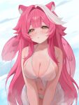  1girl animal_ears bare_shoulders bikini blue_sky blush breasts cleavage cloud cloudy_sky collarbone commentary day hair_intakes hashtag-only_commentary highres hololive hololive_english kiiume0 large_breasts long_hair navel open_mouth panther_ears panther_girl panther_tail pink_hair raora_panthera sky solo stomach swimsuit tail thighs virtual_youtuber white_bikini yellow_eyes 