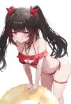  1girl bare_shoulders bikini black_choker black_hair blush breasts butterfly-shaped_pupils choker cleavage collarbone flower_tattoo halterneck highres honkai:_star_rail honkai_(series) innertube kunizaki leaning_forward licking_lips long_hair looking_at_viewer mark_under_both_eyes medium_breasts navel pink_eyes red_bikini side-tie_bikini_bottom smile solo sparkle_(honkai:_star_rail) swim_ring swimsuit symbol-shaped_pupils tattoo thigh_strap thighs tongue tongue_out twintails 