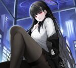  1girl awa_(awao141) black_hair black_halo black_jacket black_pantyhose black_skirt blue_archive breasts bright_pupils city commentary_request hair_intakes hair_ornament hairpin halo highres index_finger_raised jacket knee_up large_breasts long_hair looking_at_viewer miniskirt night night_sky pantyhose pleated_skirt red_eyes rio_(blue_archive) signature skirt sky smile solo sweater white_pupils white_sweater 