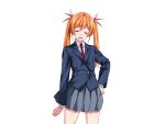  1girl blazer blush buttons closed_eyes cowboy_shot facing_viewer game_cg gentle_sasaki grey_skirt hair_ribbon hand_on_own_hip jacket large_variant_set long_hair long_sleeves necktie non-web_source official_art open_mouth orange_hair pink_ribbon pleated_skirt red_necktie ribbon school_uniform shindou_hikari skirt solo soukou_senki_prism_reica soukou_senki_prism_shine standing transparent_background twintails variant_set 