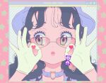  1girl animated animated_gif black_hair blinking choker commentary earrings gloves green_eyes heart heart-shaped_eyewear jewelry o-ring o-ring_choker original pink_lips portrait smile solo star_(symbol) star_in_eye symbol_in_eye vivinos window_(computing) yellow_gloves 