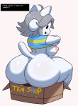 absurd_res anthro areola beady_eyes big_breasts big_butt black_eyes black_nose blue_clothing blue_topwear bottomless breasts butt clothed clothing dialogue female grey_hair hair hi_res huge_butt jutsapostion looking_at_viewer looking_back looking_back_at_viewer nipples pink_areola pink_background pink_nipples raised_clothing raised_topwear rear_view simple_background sitting solo talking_to_viewer tem temmie_(undertale) text text_box thick_thighs topwear undertale undertale_(series) wide_hips
